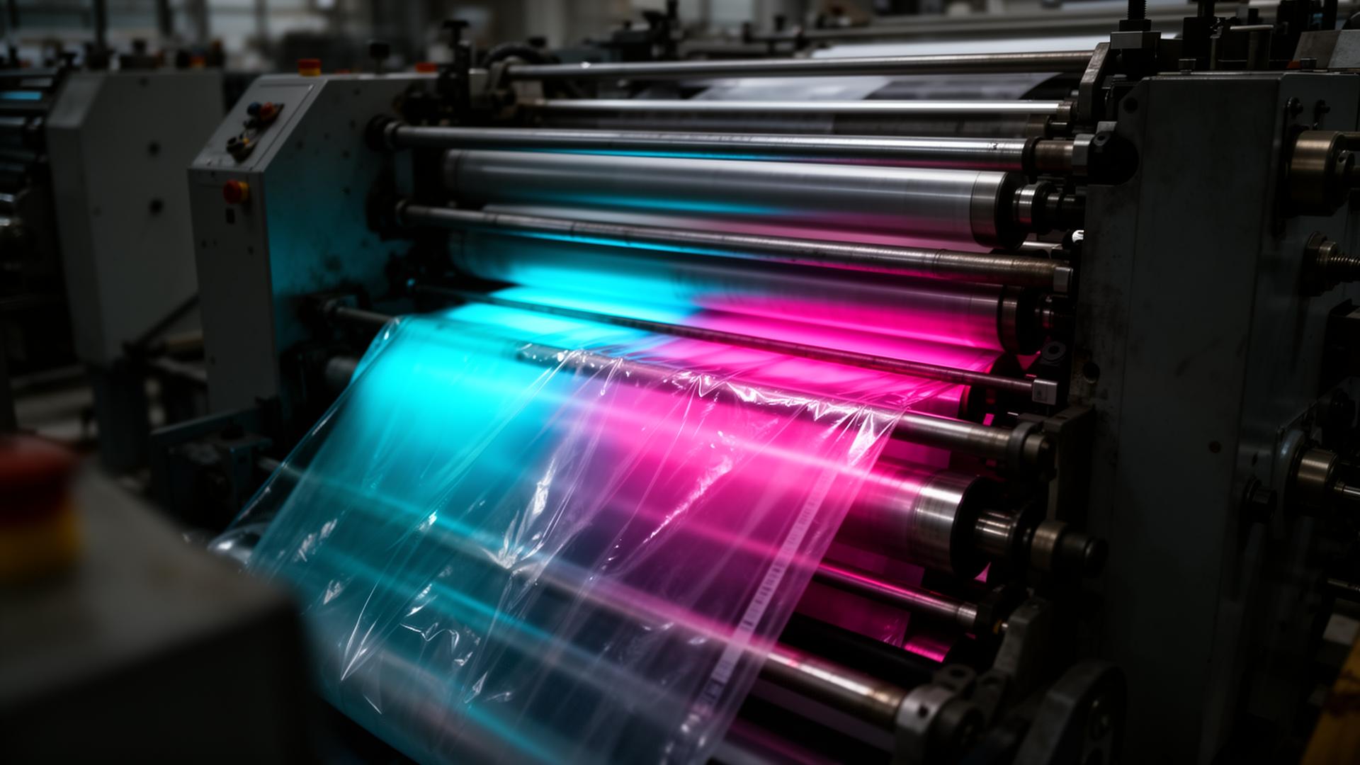 Flexographic printing press running vibrant cyan and magenta ink
