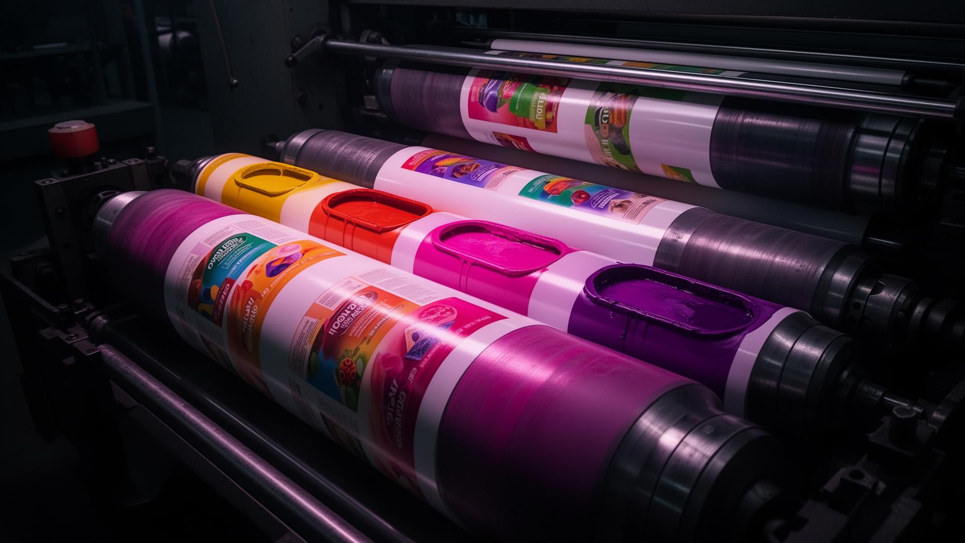 Rotogravure printing cylinders applying ink to flexible packaging laminate